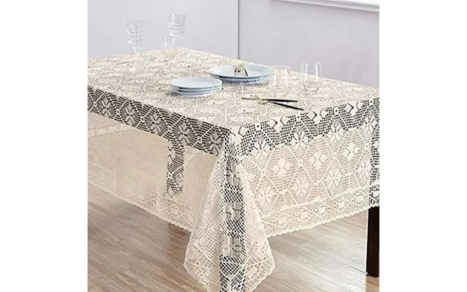 Fennco Styles Handmade Crochet Diamond Pattern Tablecloth 65 W X 120 L - Ecru Table Cover For Home Dining Table Banquet