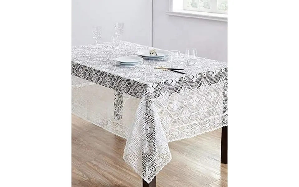 Fennco Styles Handmade Crochet Diamond Pattern Tablecloth 65 W X 120 L - White Table Cover For Home Dining Table Banquet