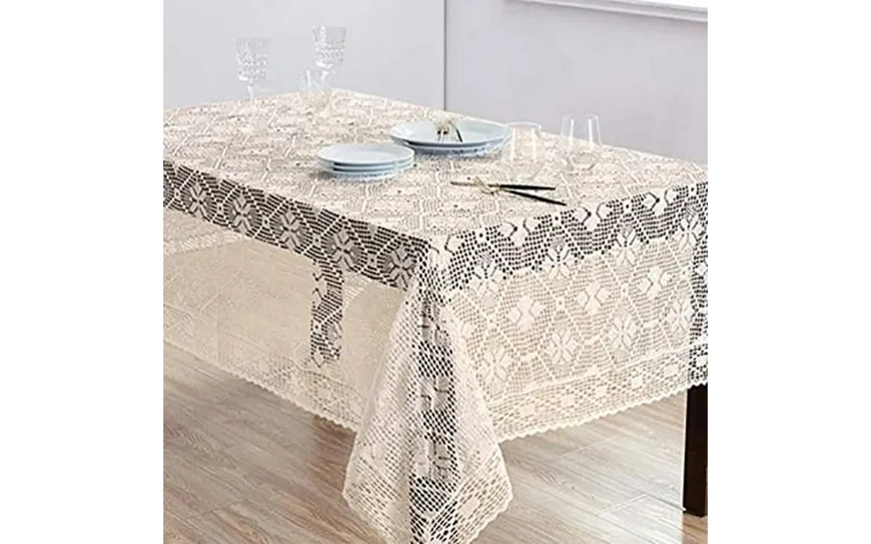 Fennco Styles Handmade Crochet Diamond Pattern Tablecloth 65 W X 140 L - Ecru Table Cover For Home Dining Table Banquet