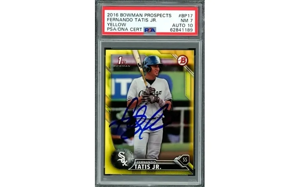 Fernando Tatis Jr. Autographed 2016 Bowman Prospects Yellow Rookie Card Bp17 San Diego Padres Psa 7 Auto Grade Gem Mint