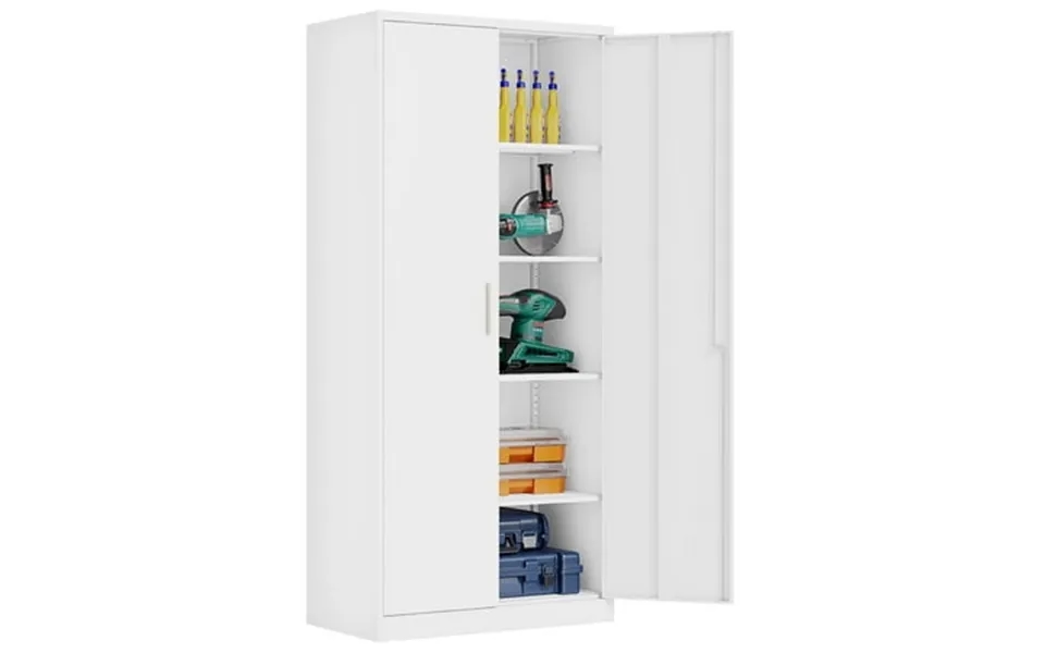 Fesbos Metal Garage Storage Cabinet With 2 Doors And 4 Adjustable Shelves 71 Inches Tall White Steel Locking Tool Cabine