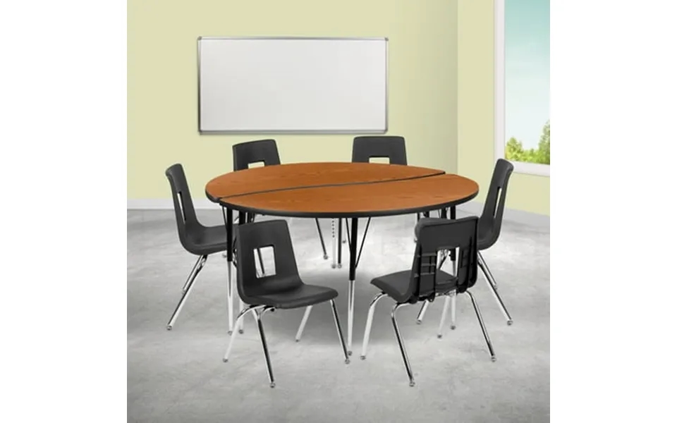 Flash Furniture Emmy 60 Circle Wave Flexible Laminate Activity Table Set With 16 Student Stack Chairs Oak Black