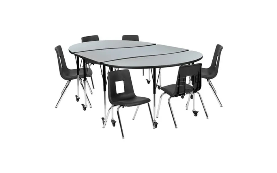 Flash Furniture Emmy Mobile 86 Oval Wave Flexible Laminate Activity Table Set With 16 Student Stack Chairs Grey Black