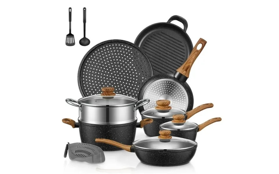 Fohere 15-piece Pots And Pans Set Non Stick Induction Kitchen Cookware Sets Aluminum Black