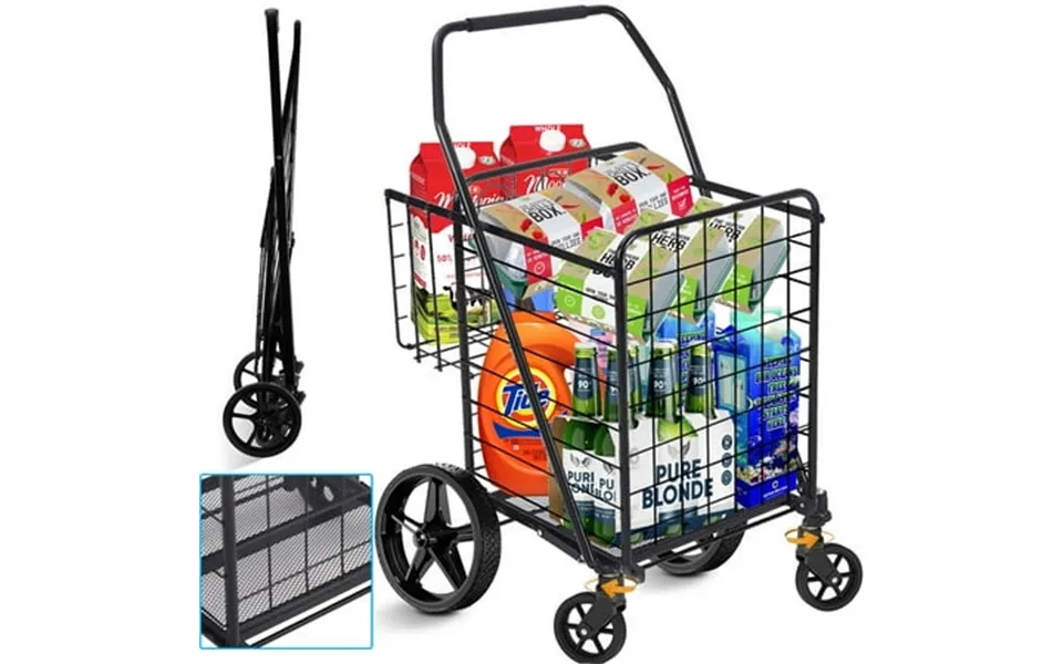 Folding Shopping Cart Utility Trolley Jumbo Basket With Encrypted Mesh Bottom And Swivel Wheels Black