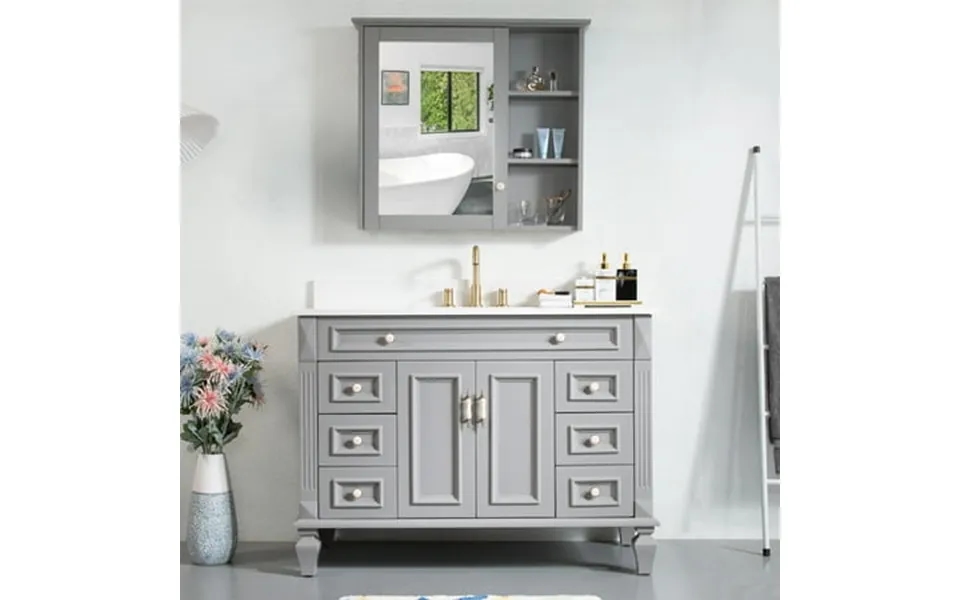 Forclover 48 Single Sink Solid Wood Bathroom Vanity Carrara White Quartz Countertop With 34 Wall-mounted Mirror Medicine