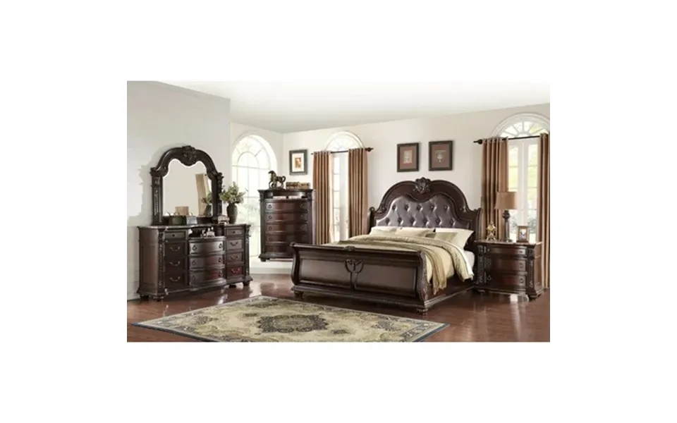 Formal 5pc King Size Faux Leather Panel Bed Set Cherry Finish Marble Top Solid Wood Furniture