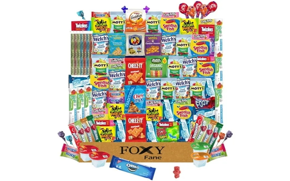 Foxy Fane 100 Count Snack Box - Gift Basket With Variety Assortment Of Crackers Cookies Candy