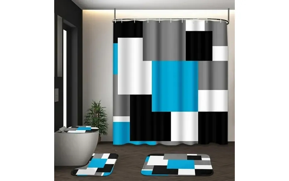 Framics Blue Geometric Shower Curtain Sets With Rugs 16 Pc Modern Abstract Checkered Bathroom Sets Waterproof Fabric Bat