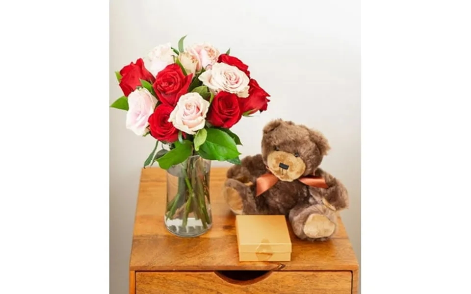 From You Flowers - One Dozen Red & Pink Roses With A Clear Glass Vase Chocolates & Teddy Bear For Birthday Anniversary G