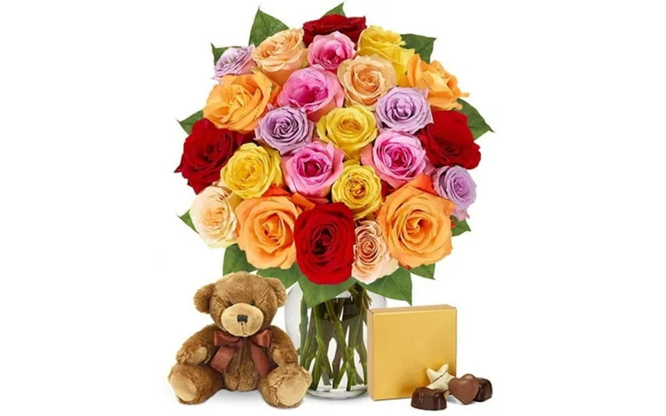From You Flowers - Two Dozen Mixed Rainbow Roses Chocolates Bear For Birthday Anniversary Get Well Congratulations Thank