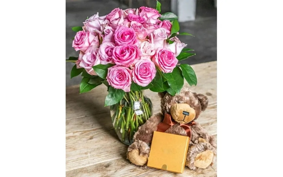 From You Flowers - Two Dozen Pink Roses With A Clear Glass Vase Chocolates & Teddy Bear For Birthday Easter Anniversary