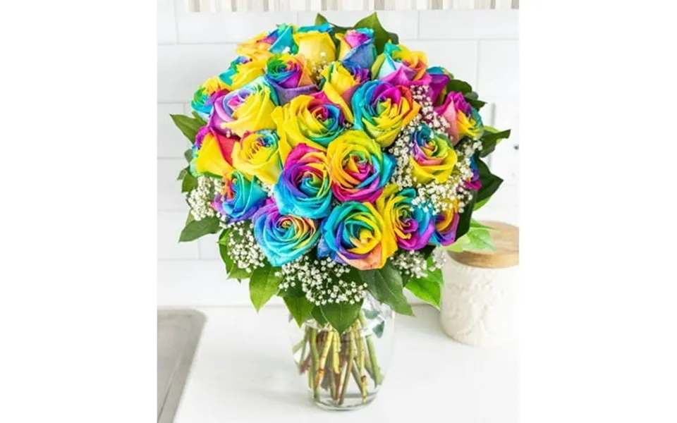 From You Flowers - Two Dozen Rainbow Tie Dye Roses In A Clear Glass Vase For Birthday Anniversary Get Well Congratulatio