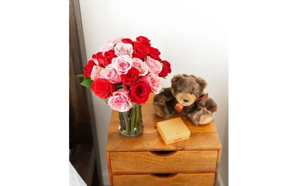 From You Flowers - Two Dozen Red & Pink Roses With A Clear Glass Vase Chocolates & Teddy Bear For Birthday Anniversary G