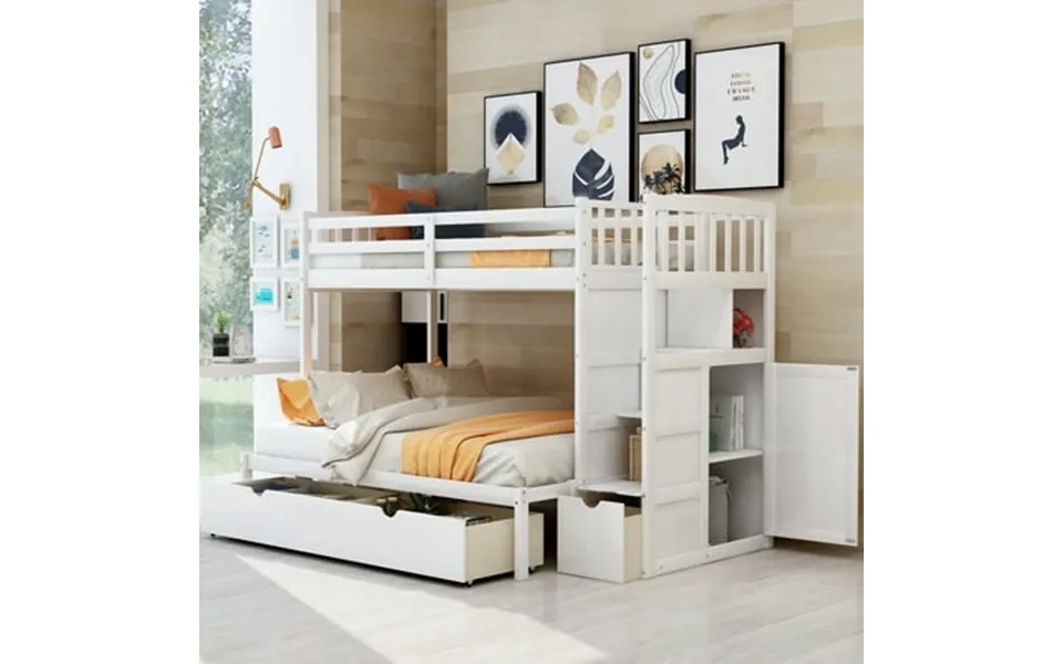 Full Over Full Bunk Bed With Drawers Storage Staircase And Guard Rail No Box Spring Needed White