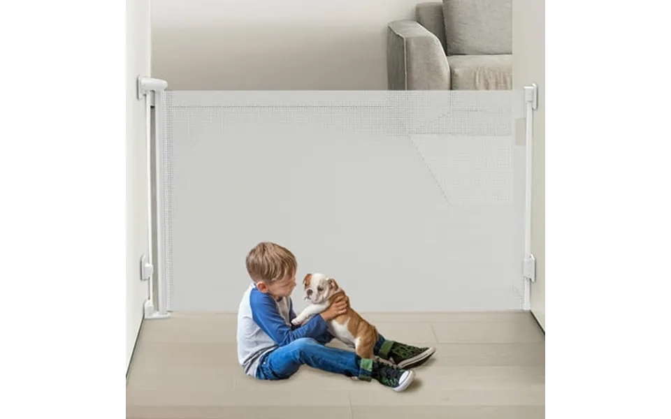 Fxcoia Retractable Gate Safety Baby Gates Mesh Dog Gates For Doorways & Stairs 55 Wide 38 Tall White