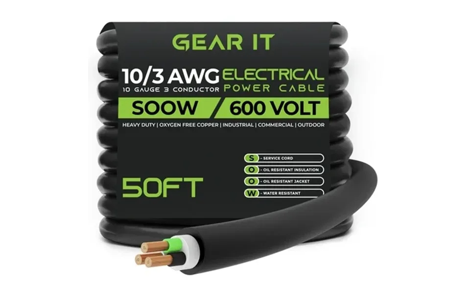 Gearit 10 3 10 Awg Portable Power Cable 50 Feet - 3 Conductor Soow 600v 10 Gauge Electric Wire For Motor Leads Portable