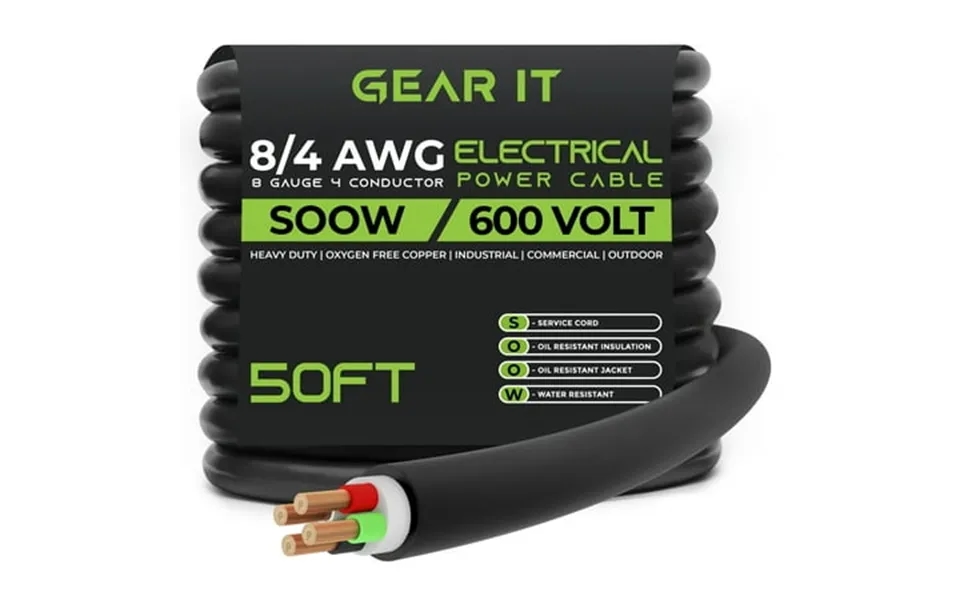 Gearit 8 4 8 Awg Portable Power Cable 50 Feet - 4 Conductor Soow 600v 8 Gauge Electric Wire For Motor Leads Portable Lig