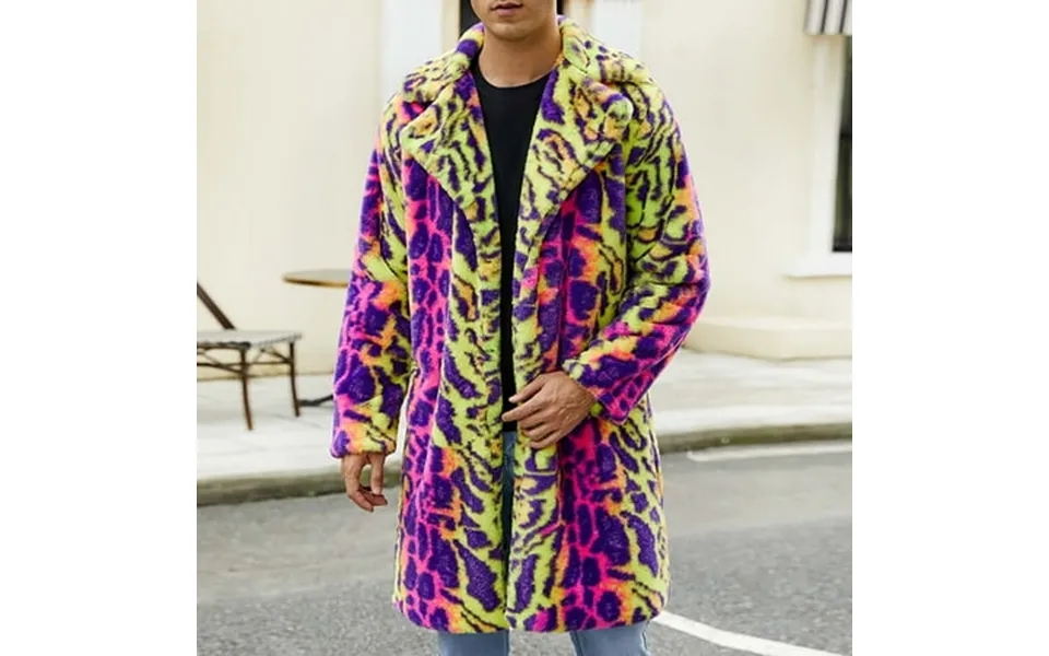 Genging Cold Jacket For Men Warm Faux Furry Long Coat Jacket Winter Outerwear Leopard Turn Down Collar Outerwear