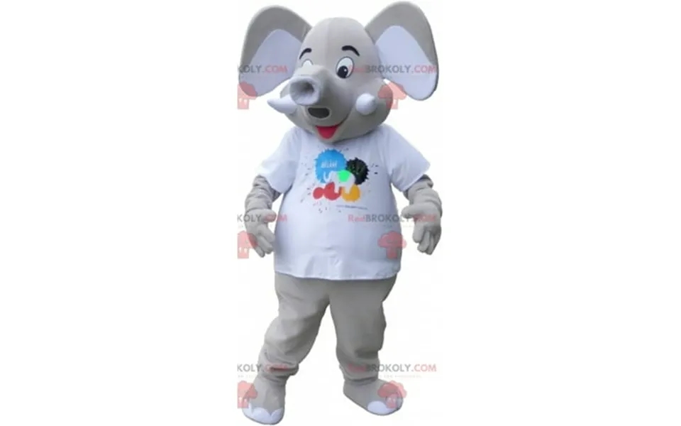 Giant Gray Elephant Redbrokoly Mascot Wearing A White T-shirt