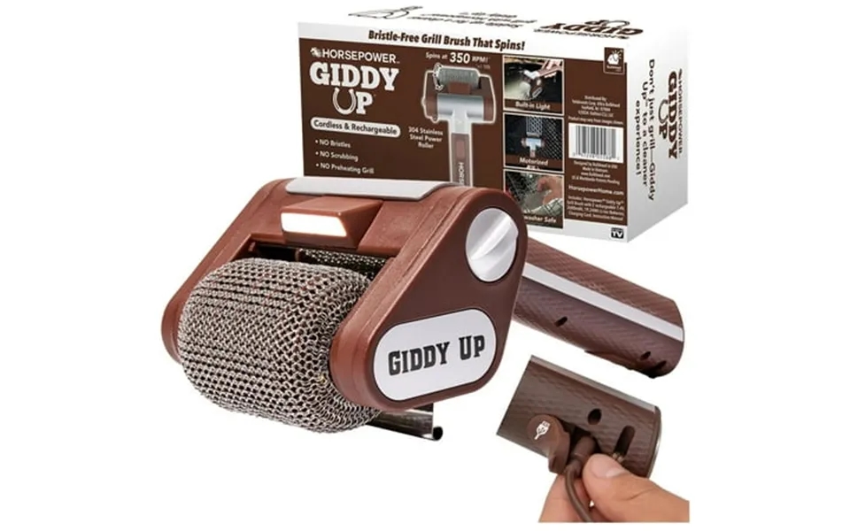 Giddy Up Grill Cleaner As-seen-on-tv Cordless Rechargeable Bbq Tool With 350 Rpm Stainless Roller Led Light Patents Pend