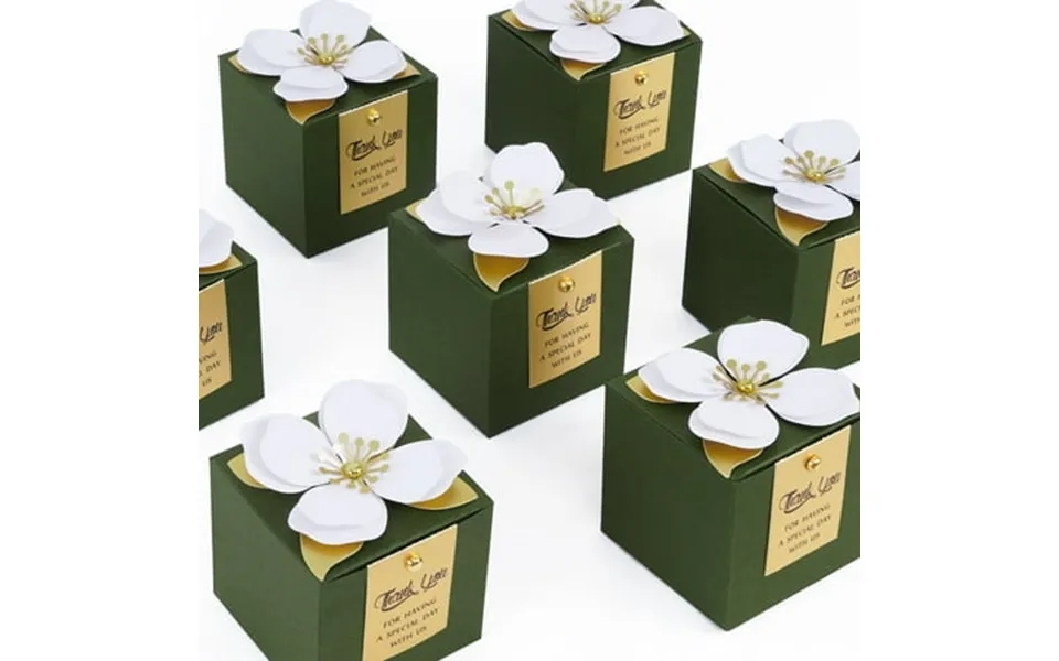 Gingprous 20 Pcs Green 3.54 Inch Wedding Favor Boxes With Thanks Card Square Flower Candy Boxes Paper Bridal Gift Box Fo