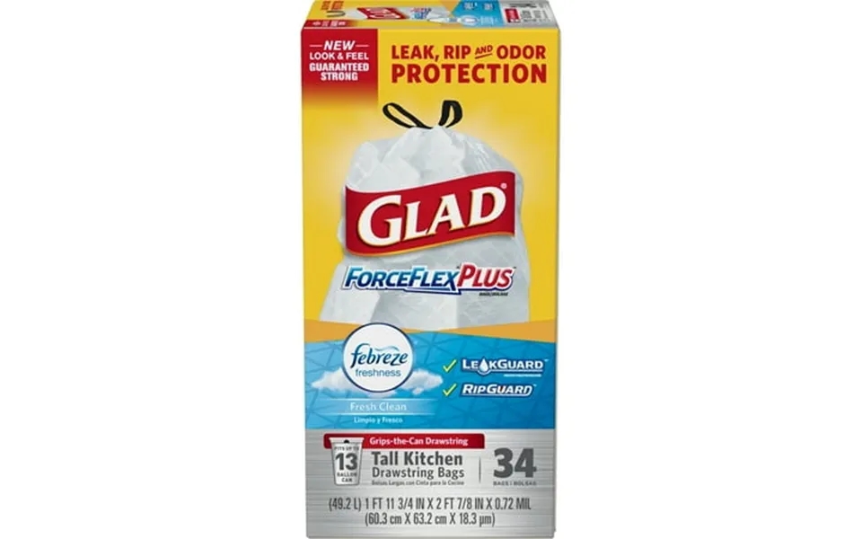 Glad Forceflexplus Tall Kitchen Drawstring Trash Bags - Febreze Fresh Clean- 13 Gallon