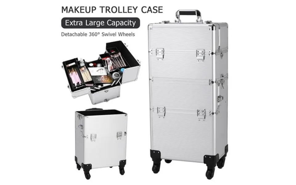 Godecor Professional 3 In 1 Rolling Makeup Trolley Artist Train Case Cosmetic Organizer With Wheels Silver