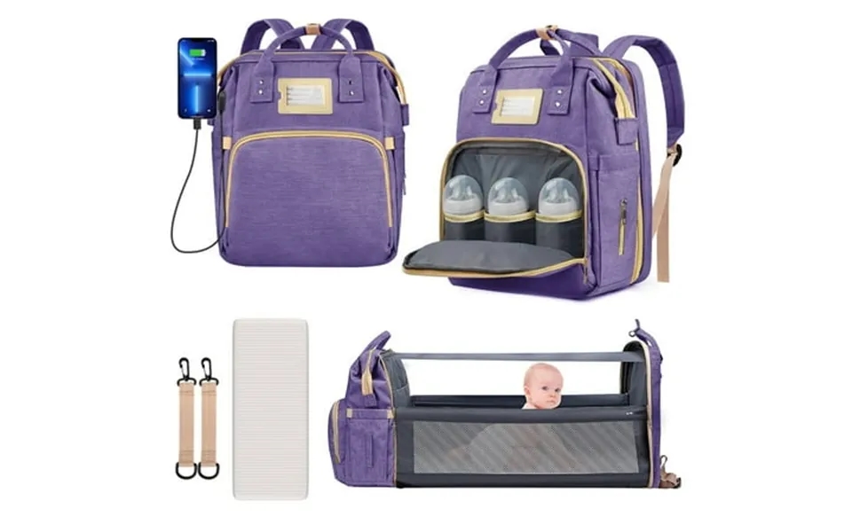 Gped Diaper Bag Backpack Multifunctional Baby Changing Bag With Foldable Crib & Insulated Milk Bottle Pocket Large Capac