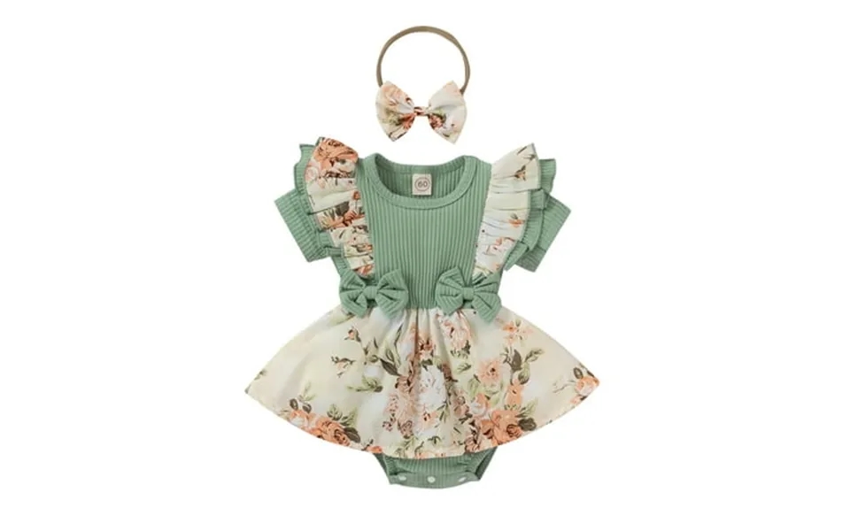 Grnshts Infant Baby Girl Floral Bow Romper Short Sleeve Ribbed Bodysuit Ruffle Tutu Skirt Set Headband Summer Clothes Gr