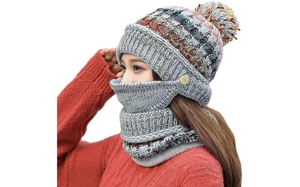 Grnshts Women Winter Hat Scarf Mask 3 In 1 Fleece Lined Knitted Warm Beanies Hats Scarfs Set With Pompom Pom Grey