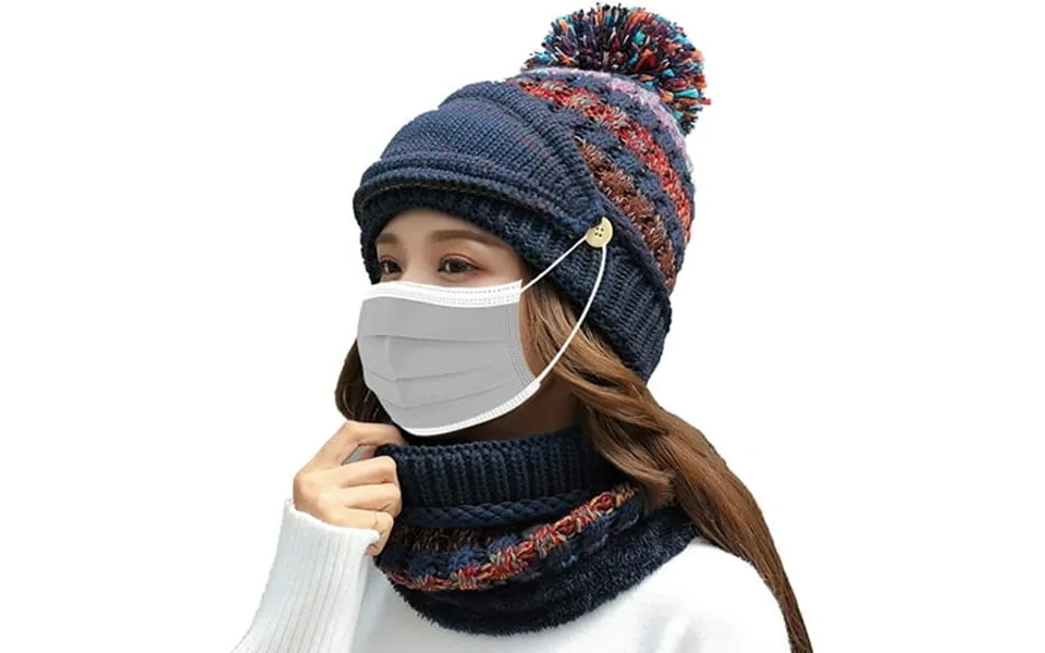 Grnshts Women Winter Hat Scarf Mask 3 In 1 Fleece Lined Knitted Warm Beanies Hats Scarfs Set With Pompom Pom Navy