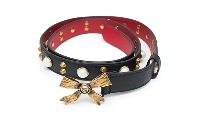 Gucci Studded Leather Belt Metal Bow Hibiscus Red Black Belt Moon Pearl Italy New product image