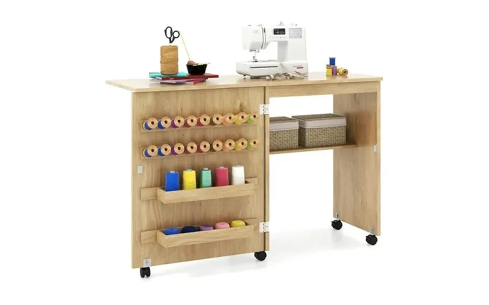 Gvn Office Desks Sewing Tables Folding Sewing Table With Storage Shelf And 5 Lockable Wheels-natural