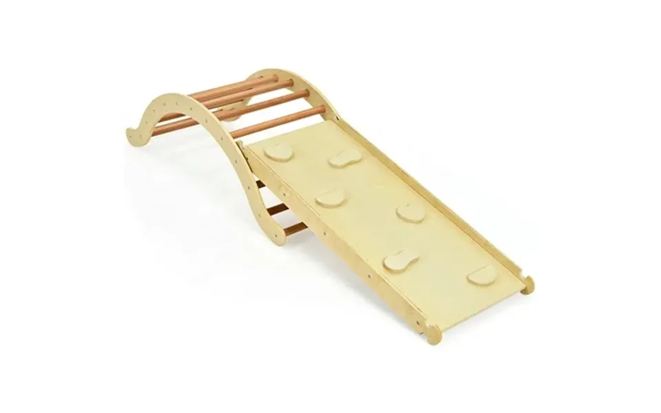 Gymax 3-in-1 Kids Climber Set Wooden Arch Triangle Rocker W Ramp & Blue Mat