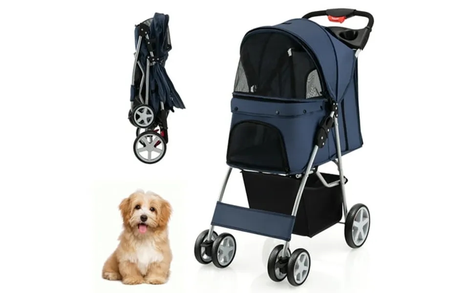 Gymax Folding Pet Stroller 4-wheel Pet Travel Carrier W Storage Basket Navy
