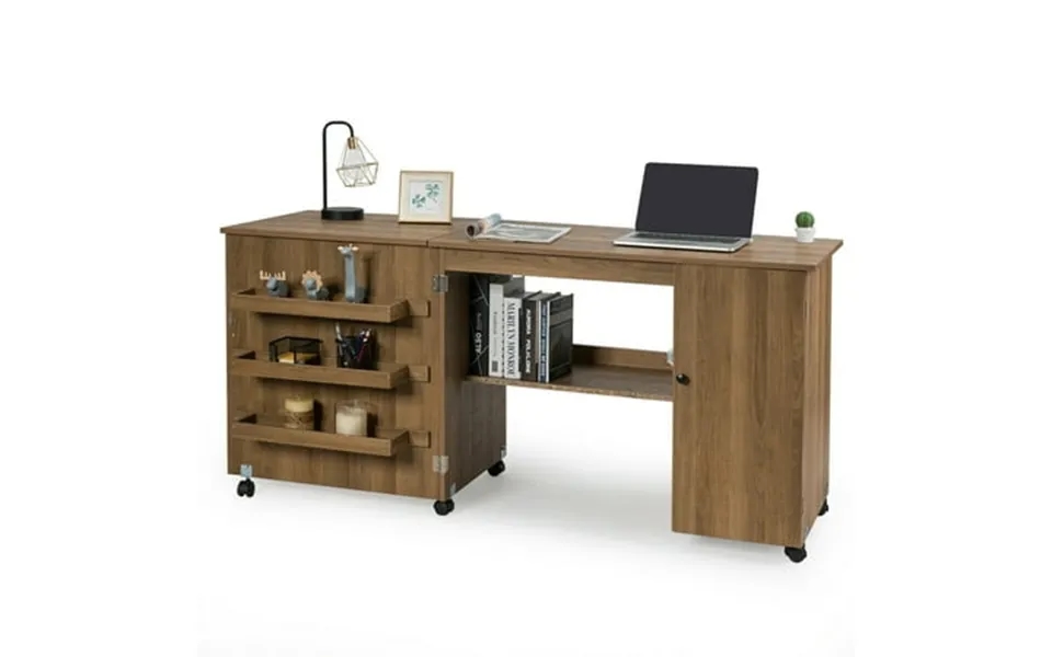 Gymax Folding Sewing Table Shelves Storage Cabinet Craft Cart W Wheels Large Natural
