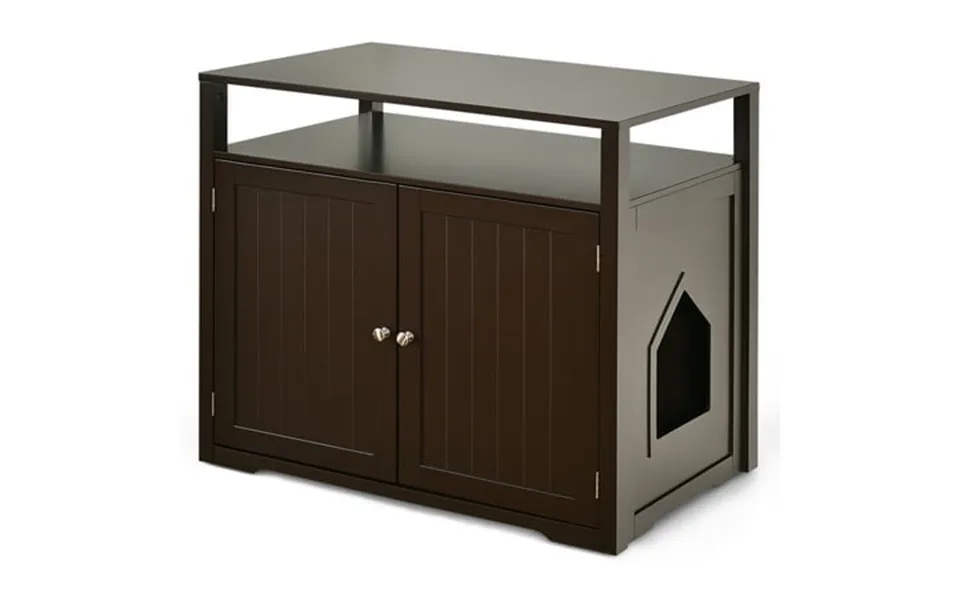 Gymax Wooden Cat Litter Box Enclosure Hidden Cat Washroom W Storage Layer Brown