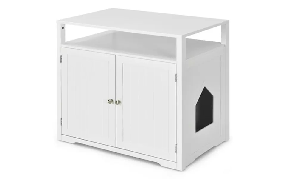 Gymax Wooden Cat Litter Box Enclosure Hidden Cat Washroom W Storage Layer White