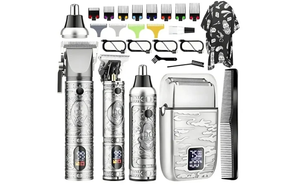 Hair Clippers For Men Professional Beard Trimmer Cordless Electric Nose Shaver Set Of 4 For Men Silver