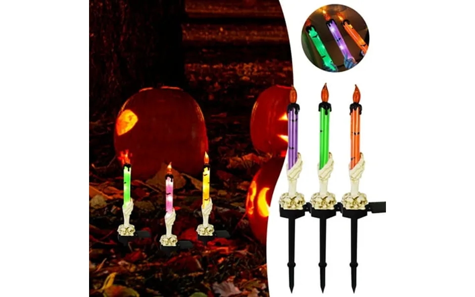 Halloween Candle Light Stakes Skeleton Hands Hold Lighted Candle Pathway Makers Waterproof Solar Operated Light Up Figur