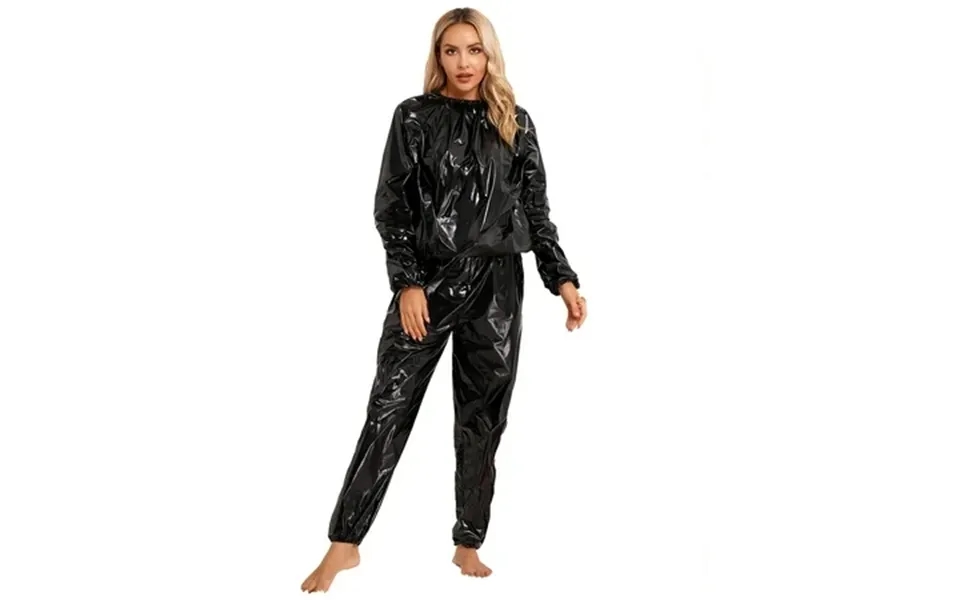 Hansber Sauna Suit For Women Men Weight Loss Long Sleeve Top Pants Set Gym Workout Sweat Suits Black Xl