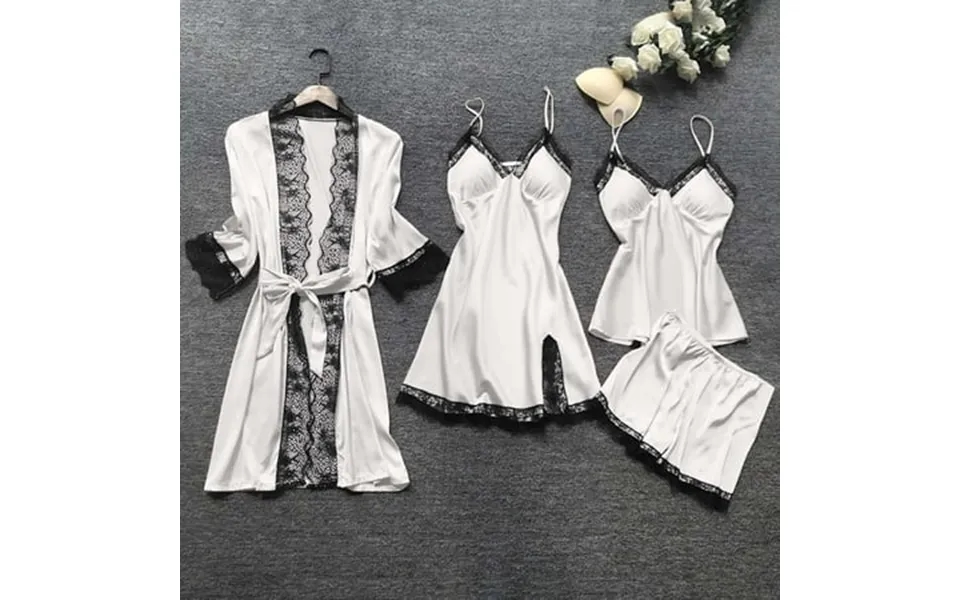 Haoxianjian 4pcs Women Pajamas Satin Pjs Floral Lace Trim Lingerie Sleepwear With Robe V-neck Nightdress Tank Top Night