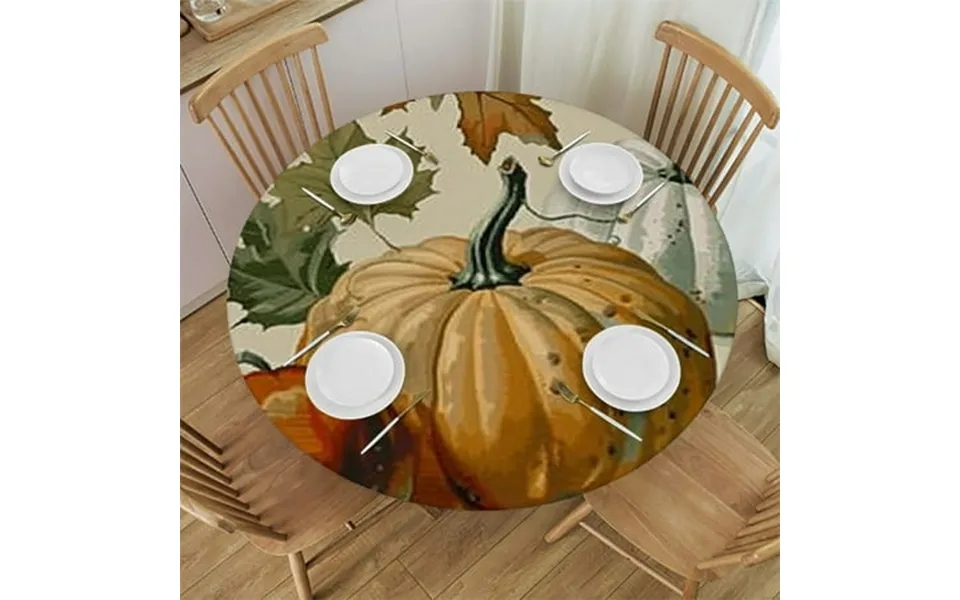 Haoxit Fitted Round Tablecloth Autumn Pumpkins Fall Thanksgiving Leaves Cream Color Table Cover Elastic Edged Table Clot