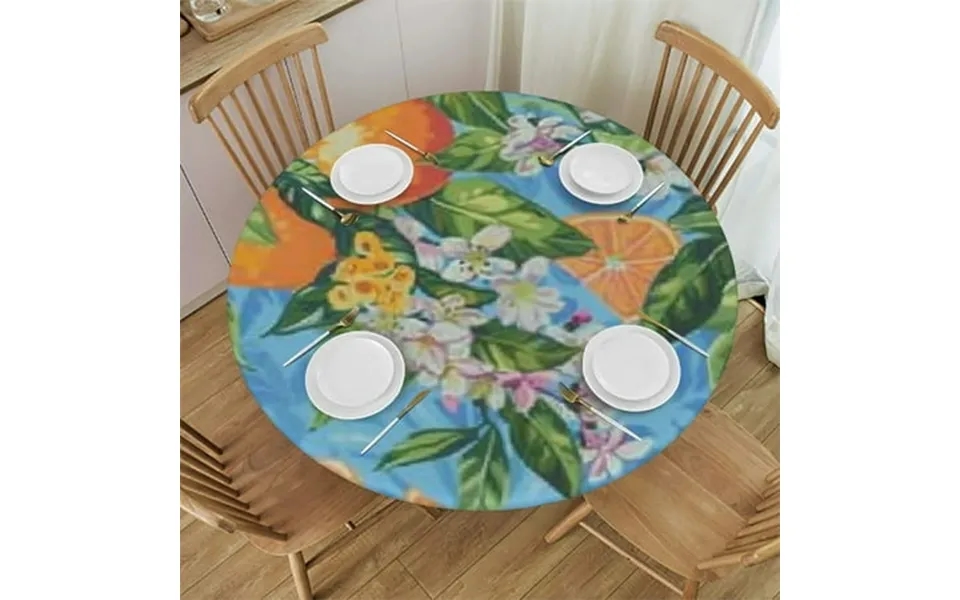 Haoxit Orange Flowers Leaves Green Fitted Round Tablecloth Waterproof Table Cloth With Elastic Edge Wipe Clean Table Cov
