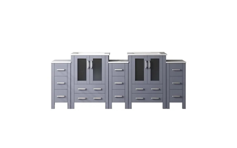 Harborfront 84 In W X 18.25 In D Dark Grey Double Bath Vanity With Side Cabinets And White Ceramic Tops