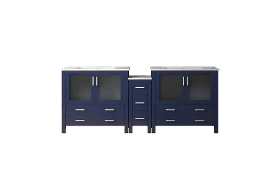 Harborfront 84 In W X 18.25 In D Navy Blue Double Bath Vanity With Side Cabinet And White Ceramic Tops