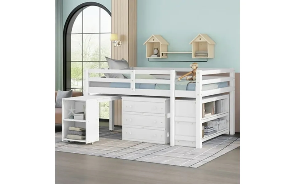 Harper & Bright Designs Full Loft Bed With Cabinet And Rolling Portable Desk Wooden Low Study Loft Bed With Drawers Whit