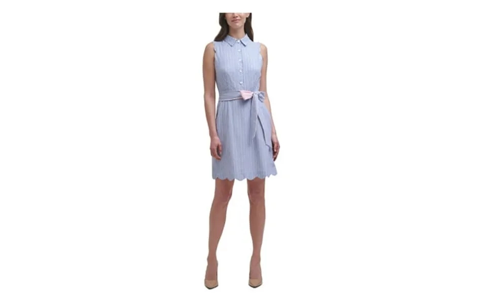 Harper Rose Womens Blue Stretch Belted Scalloped Partial Button Closure Striped Sleeveless Point Collar Short Wear To Wo