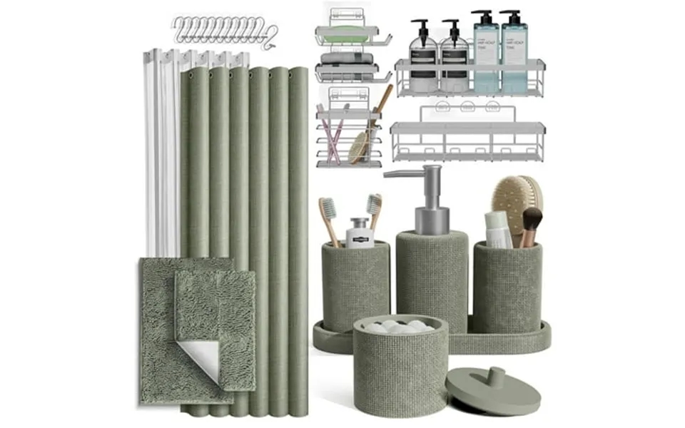 Hearth & Harbor 26 Piece Bathroom Sets With Shower Curtain Rugs Accessories And Shower Caddies Sage Green